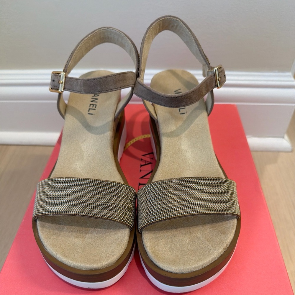 Vaneli Taupe/Bronze Platform Ankle Strap Sandals